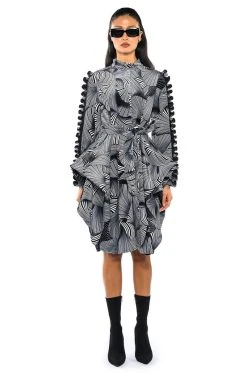 ABSTRACT PRINT BELTED LONG SLEEVE MIDI DRESS