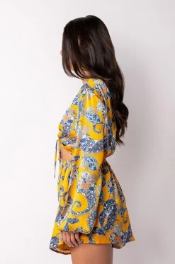 ADMIT IT LONG SLEEVE PRINTED ROMPER WITH CUT OUT -AKIRA Shop admit it long sleeve printed romper with cut out yellow multi 4 4