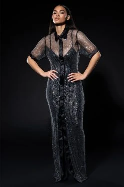 ALL EYES SPARKLE RHINESTONE POLO MAXI DRESS