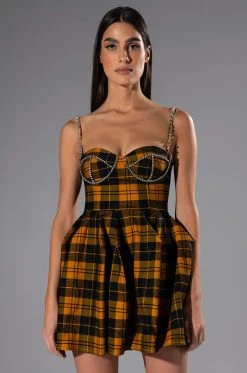 ANGEL BABY RHINESTONE DETAIL CORSET PLAID MINI DRESS