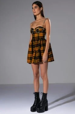 ANGEL BABY RHINESTONE DETAIL CORSET PLAID MINI DRESS -AKIRA Shop angel baby rhinestone detail corset plaid mini dress yellow multi 4 4 c1
