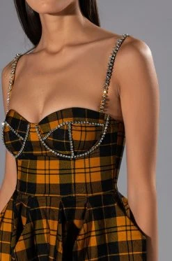 ANGEL BABY RHINESTONE DETAIL CORSET PLAID MINI DRESS -AKIRA Shop angel baby rhinestone detail corset plaid mini dress yellow multi 7 7 c1
