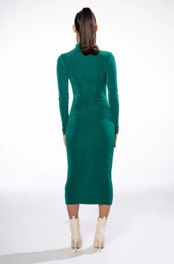 ARIANA RUCHED LONG SLEEVE FUNNEL NECK MIDI DRESS -AKIRA Shop ariana ruched long sleeve funnel neck midi dress teal 4 4