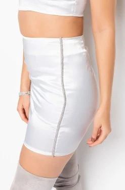 BADDIE SEASON SATIN RHINESTONE MINI SKIRT -AKIRA Shop baddie season satin rhinestone mini skirt white 6 6