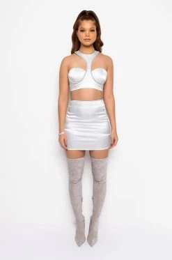BADDIE SEASON SATIN RHINESTONE MINI SKIRT -AKIRA Shop baddie season satin rhinestone mini skirt white 7 7