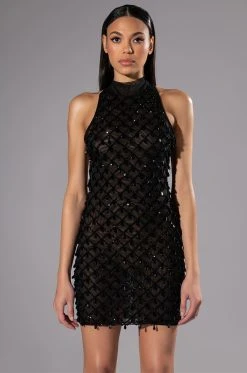 BEAUTIFUL MISTAKES MOCK NECK LOW BACK BEADED MINI DRESS