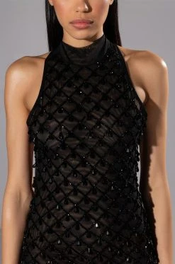 BEAUTIFUL MISTAKES MOCK NECK LOW BACK BEADED MINI DRESS -AKIRA Shop beautiful mistakes mock neck low back beaded mini dress black 7 7