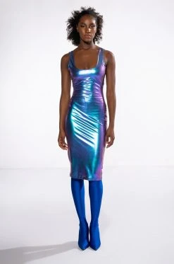 BODYWORK SLEEVELESS METALLIC BODYCON MIDI DRESS -AKIRA Shop bodywork sleeveless metallic bodycon midi dress purple 3 3