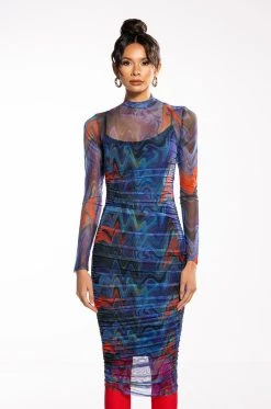 BREAK THE MOLD LONG SLEEVE RUCHED MESH MIDI DRESS -AKIRA Shop break the mold long sleeve ruched mesh midi dress purple multi 3 3