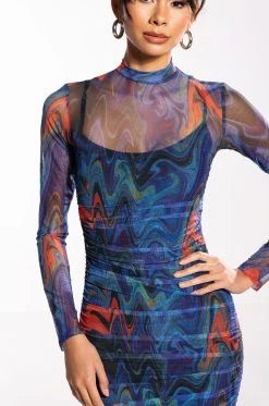 BREAK THE MOLD LONG SLEEVE RUCHED MESH MIDI DRESS -AKIRA Shop break the mold long sleeve ruched mesh midi dress purple multi 6 6