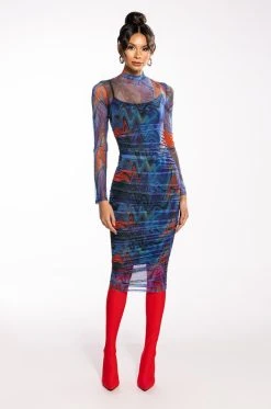 BREAK THE MOLD LONG SLEEVE RUCHED MESH MIDI DRESS -AKIRA Shop break the mold long sleeve ruched mesh midi dress purple multi 7 7