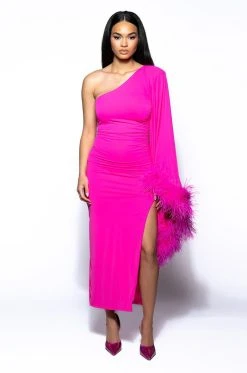 BRING THE DRAMA ONE SLEEVE FEATHER MAXI DRESS -AKIRA Shop bring the drama one sleeve feather maxi dress pink 3 3