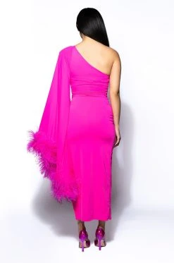 BRING THE DRAMA ONE SLEEVE FEATHER MAXI DRESS -AKIRA Shop bring the drama one sleeve feather maxi dress pink 6 6