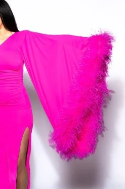 BRING THE DRAMA ONE SLEEVE FEATHER MAXI DRESS -AKIRA Shop bring the drama one sleeve feather maxi dress pink 7 7