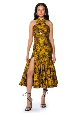 CHA CHA BROCADE HALTER NECK MIDI DRESS