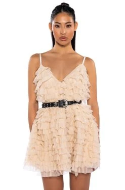 CRAZY FOR YOU BELTED TIERED TULLE MINI DRESS -AKIRA Shop crazy for you belted tiered tulle mini dress beige 2 2 c1