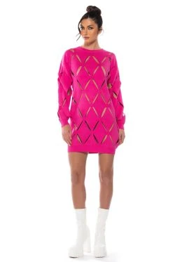 DIAMOND CUT OVERSIZED SWEATER DRESS -AKIRA Shop diamond cut oversized sweater dress fuchsia 2 2