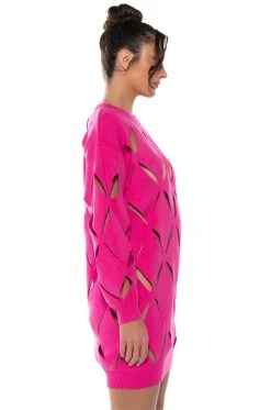 DIAMOND CUT OVERSIZED SWEATER DRESS -AKIRA Shop diamond cut oversized sweater dress fuchsia 3 3