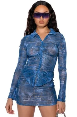 DIFFERENT THAN YOU DENIM PRINT MESH MINI SKIRT -AKIRA Shop different than you denim print mesh mini skirt blue multi 3 3