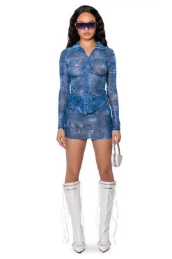 DIFFERENT THAN YOU DENIM PRINT MESH MINI SKIRT -AKIRA Shop different than you denim print mesh mini skirt blue multi 4 4