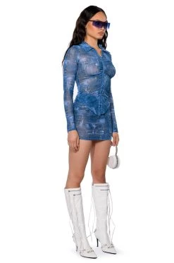 DIFFERENT THAN YOU DENIM PRINT MESH MINI SKIRT -AKIRA Shop different than you denim print mesh mini skirt blue multi 5 5