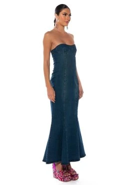 DINNER DATE VIBE FLARE DENIM MAXI DRESS -AKIRA Shop dinner date vibe flare denim maxi dress dark blue 3 3