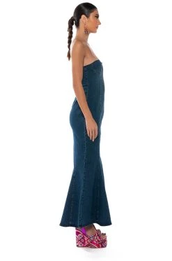 DINNER DATE VIBE FLARE DENIM MAXI DRESS -AKIRA Shop dinner date vibe flare denim maxi dress dark blue 4 4