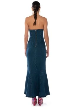 DINNER DATE VIBE FLARE DENIM MAXI DRESS -AKIRA Shop dinner date vibe flare denim maxi dress dark blue 5 5