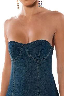 DINNER DATE VIBE FLARE DENIM MAXI DRESS -AKIRA Shop dinner date vibe flare denim maxi dress dark blue 6 6