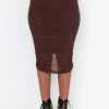 DRAMA FREE CINCHED MESH MIDI SKIRT -AKIRA Shop drama free ruched midi mesh skirt brown 1 1 c1 c1