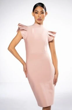 EDITOR IN CHIEF MOCK NECK RUFFLE SLEEVE MIDI DRESS IN BLUSH