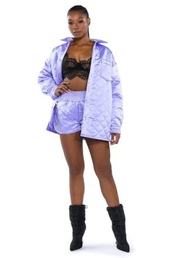 FIELD OF DREAMS SATIN QUILTED SHORTS -AKIRA Shop field of dreams satin quilted shorts light purple 4 4