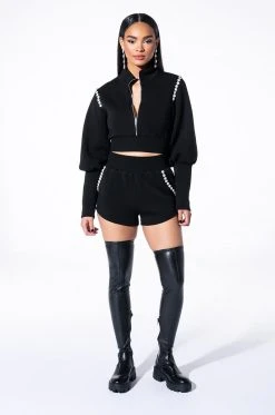 GEMINI PEARL DETAIL SCUBA BOOTY SHORT -AKIRA Shop gemini pearl detail scuba booty short black 8 8