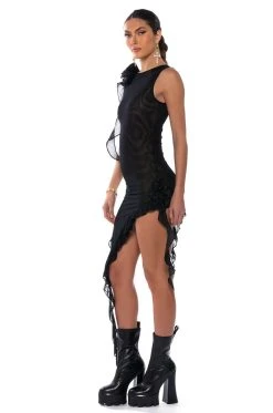 HAILEY SLEEVELESS ASYMMETRICAL RUFFLE MESH MIDI DRESS -AKIRA Shop hailey sleeveless asymmetrical ruffle mesh midi dress black 3 3