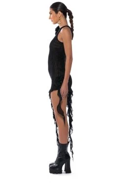 HAILEY SLEEVELESS ASYMMETRICAL RUFFLE MESH MIDI DRESS -AKIRA Shop hailey sleeveless asymmetrical ruffle mesh midi dress black 5 5