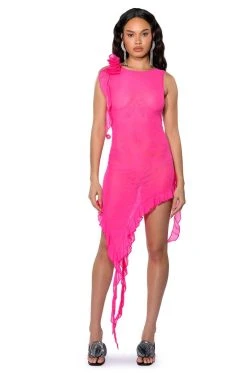 HAILEY SLEEVELESS ASYMMETRICAL RUFFLE MESH MIDI DRESS