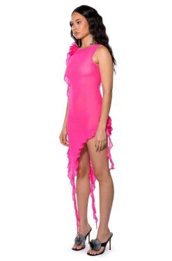 HAILEY SLEEVELESS ASYMMETRICAL RUFFLE MESH MIDI DRESS -AKIRA Shop hailey sleeveless asymmetrical ruffle mesh midi dress pink 3 3