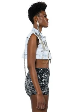 HOUDINI EMBELLISHED DENIM VEST 23 HOUDINI EMBELLISHED DENIM VEST -AKIRA Shop houdini embellished denim vest light blue denim 10 10 c1