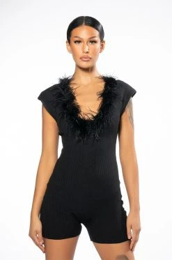 KYANITE FEATHERED ROMPER -AKIRA Shop kyanite feathered romper black 3 3