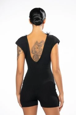 KYANITE FEATHERED ROMPER -AKIRA Shop kyanite feathered romper black 5 5