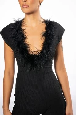 KYANITE FEATHERED ROMPER -AKIRA Shop kyanite feathered romper black 6 6