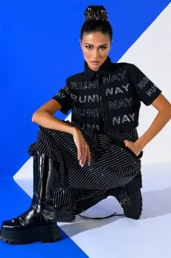 AKIRA Shop -AKIRA Shop london rhinestone stripe relaxed fit halter neck jumpsuit black 2 2