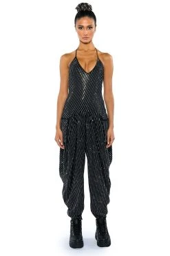 LONDON RHINESTONE STRIPE RELAXED FIT HALTER NECK JUMPSUIT 15 LONDON RHINESTONE STRIPE RELAXED FIT HALTER NECK JUMPSUIT -AKIRA Shop london rhinestone stripe relaxed fit halter neck jumpsuit black 6 6