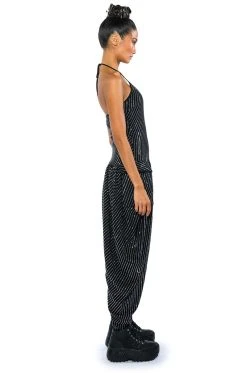 LONDON RHINESTONE STRIPE RELAXED FIT HALTER NECK JUMPSUIT 16 LONDON RHINESTONE STRIPE RELAXED FIT HALTER NECK JUMPSUIT -AKIRA Shop london rhinestone stripe relaxed fit halter neck jumpsuit black 7 7