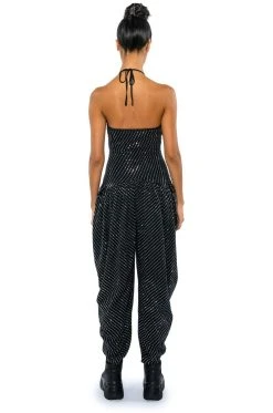 LONDON RHINESTONE STRIPE RELAXED FIT HALTER NECK JUMPSUIT 17 LONDON RHINESTONE STRIPE RELAXED FIT HALTER NECK JUMPSUIT -AKIRA Shop london rhinestone stripe relaxed fit halter neck jumpsuit black 8 8