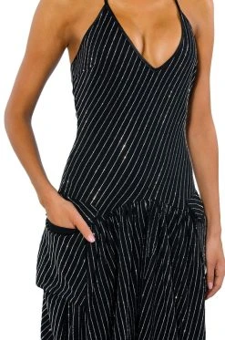 LONDON RHINESTONE STRIPE RELAXED FIT HALTER NECK JUMPSUIT 18 LONDON RHINESTONE STRIPE RELAXED FIT HALTER NECK JUMPSUIT -AKIRA Shop london rhinestone stripe relaxed fit halter neck jumpsuit black 9 9