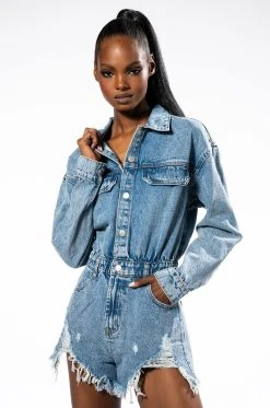 AKIRA Shop -AKIRA Shop on a roll denim long sleeve romper medium blue denim 2 2