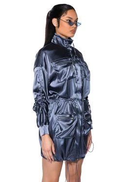 ON THE ROAD SATIN UTILITY MINI DRESS -AKIRA Shop on the road satin utility mini dress charcoal grey 2 2