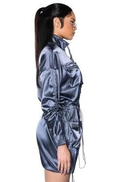 ON THE ROAD SATIN UTILITY MINI DRESS -AKIRA Shop on the road satin utility mini dress charcoal grey 5 5