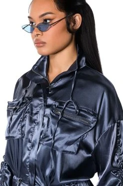 ON THE ROAD SATIN UTILITY MINI DRESS -AKIRA Shop on the road satin utility mini dress charcoal grey 7 7